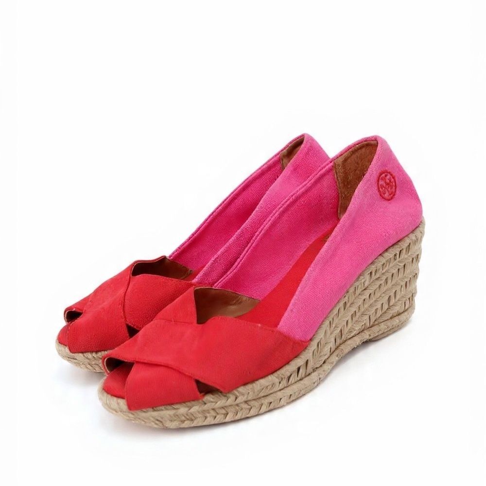 Tory Burch Pink Espadrille Wedge Sandals Size 8.5.